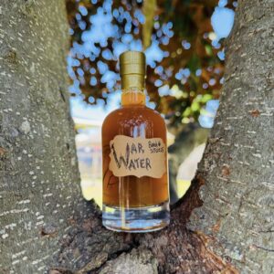 a glass bottle with brown liquid and a brown label sitting in a tree between two limbs.