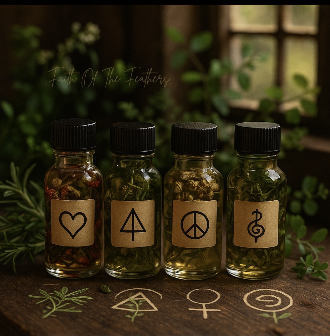 four glass bottles with black top. brown label with sigils. sitting on a desk with sigils. green plants in the background