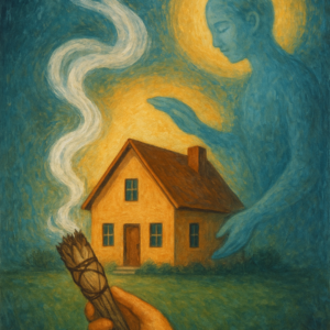 an imaage of a tan and brown house with a spirit leaning over it with one hand. another hand reaches out as it holds a smudge stick with smoke rising over the house.