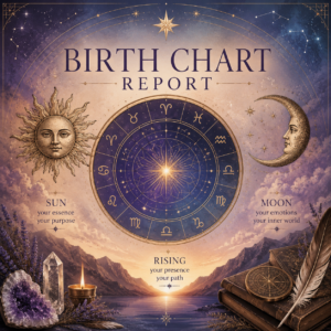 Elegant Birth Chart Report artwork featuring a celestial astrology wheel, radiant Sun, Moon, crystals, and cosmic details in shades of brown, blue, and purple. This personalized astrology report explores the unique blueprint of your birth chart, offering insight into your personality, strengths, life themes, and soul's potential.