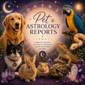 Pet astrology report featuring dogs, cats, birds, snakes, lizards, rabbits and turtles surrounding a celestial zodiac design.
