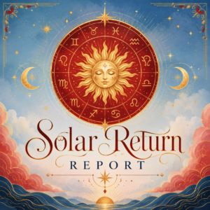 Elegant Solar Return Report artwork featuring a radiant sun, zodiac wheel, and celestial details in blue, gold, and red. This personalized astrology report explores the themes and energies of the year ahead, beginning on your birthday.