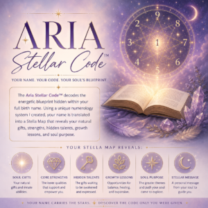 a mystical promotional graphic for the Aria Stellar Code featuring a soft lavender and gold celestial theme. the design includes a glowing numerology star diagram above an open book surrounded by crystals and feathers, symbolizing a souls energetic blueprint. the image explains that the code interprets the numerological vibrations of a persons full birth name to reveal soul gifts plus more