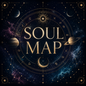 Soul Map promotional graphic featuring an elegant gold natal chart wheel and celestial symbols on a deep blue starry background with the title 'SOUL MAP' in gold lettering."