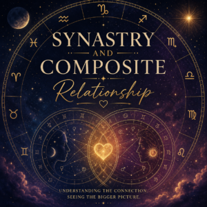 Square astrology-themed graphic with a deep blue and purple star-filled background, golden zodiac wheel, and the words "Synastry and Composite Relationship" in large gold lettering. Two overlapping natal charts with silhouetted faces are connected by a glowing heart, symbolizing relationship astrology and compatibility analysis.
